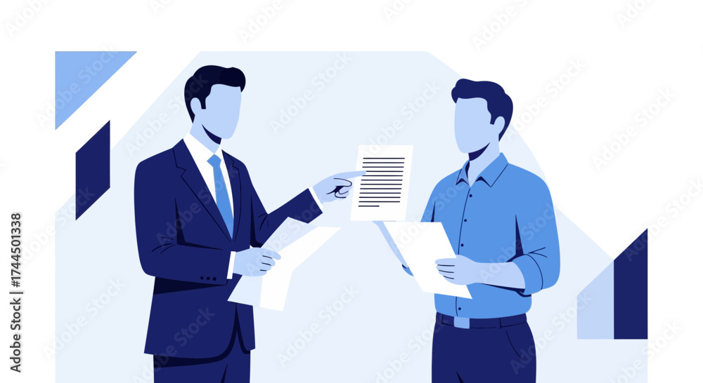 Obraz premium Businessmen discussing a document, partnership agreement or reviewing contract information