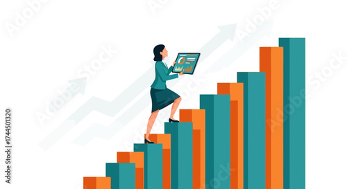 Businesswoman Ascending Business Graph Demonstrating Sales Growth and Future Prosperity