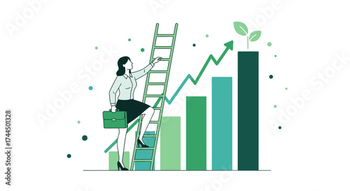 Businesswoman Ascending Ladder of Success: Goal Achievement and Financial Growth  Visualization