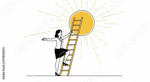 Businesswoman Ascending Ladder Reaching For Bright Sun Symbolizing Success and Triumph