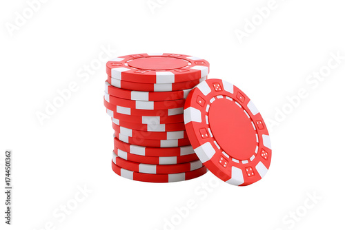 Stack of red and white casino poker chips leaning on a single chip isolated on transparent background