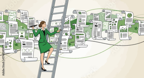 Businesswoman Ascending Ladder Reviewing Documents for Strategic Growth and Innovation