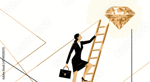 Businesswoman Ascending Ladder Seeking To Claim The Sparkling Gem Of Success