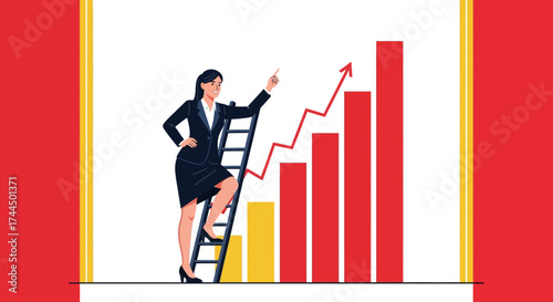Businesswoman Ascending Ladder Symbolizing Achievement and Economic Progress Visualization