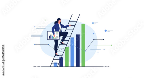 Businesswoman Ascending Ladder, Achieving Goals, Financial Growth, Strategy Visualization