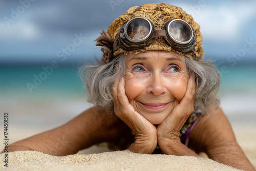 Senior woman lays on the beach