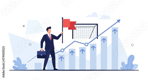 Businessperson Celebrating Achievement While Raising Flag Near Goal And Growing Graph Illustrating