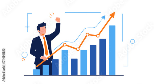 Businessperson Celebrating Success With Upward Trend Chart Indicating Progress and Growth