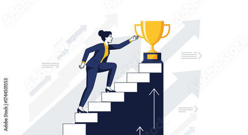 Businesswoman Ascending Stairs Towards Trophy Achieving Success and Reaching Goals