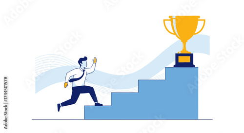 Businessperson Climbing Stairs Towards Achieving a Trophy and Ultimate Success Goal Symbol