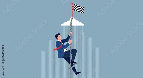 Businessperson Climbing To The Top Of Mountain To Reach The Target Flag