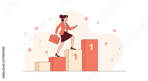 Businesswoman Ascending Steps of Success in Corporate Ladder and Achieving Goals