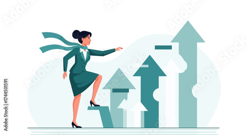 Businesswoman Ascending Steps Representing Growth And Achievement With An Upswing Graphic
