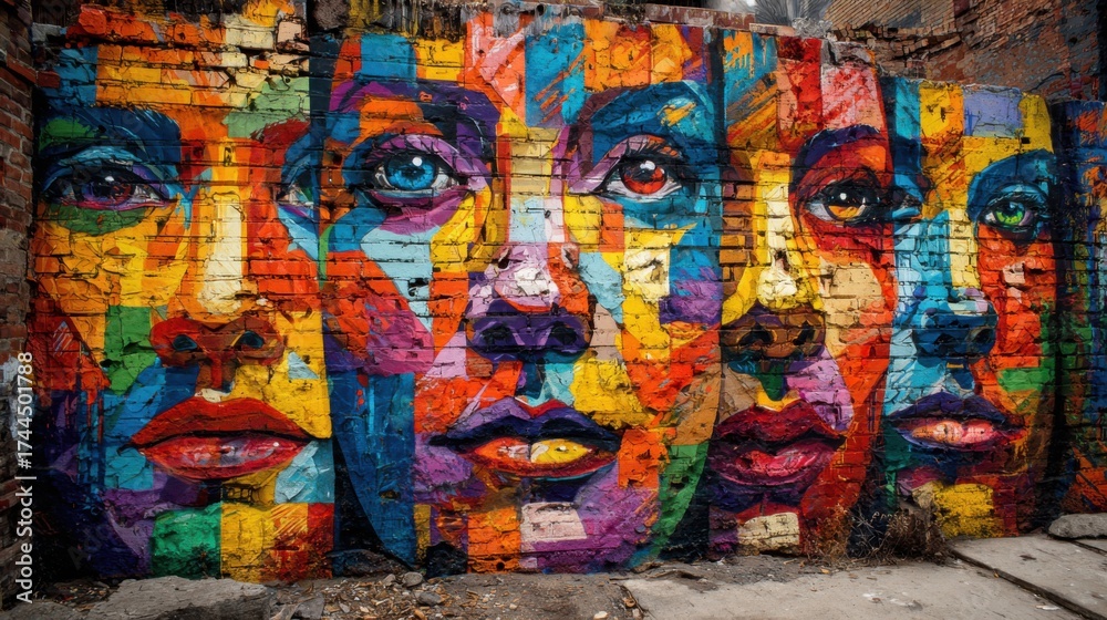 Fototapeta premium A striking mural fills a brick wall with colorful faces showcasing bold artistry in a vibrant urban setting. The artwork features varied expressions and hues creating a lively scene.