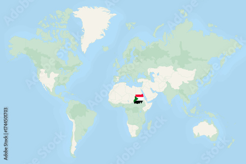 Sudan Highlighted on World Map with National Flag. Sudan Map and Flag.