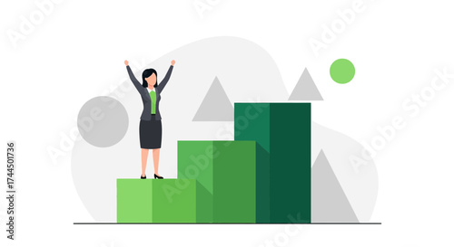 Businesswoman Celebrates Success Atop Rising Blocks Symbolizing Growth and Determination