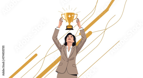 Businesswoman Celebrates Success with Trophy in Hands After Achieving Goal Triumphantly
