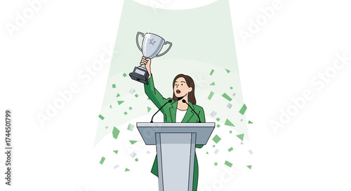 Businesswoman Celebrates Triumph With Trophy At Podium With Light And Confetti Falling