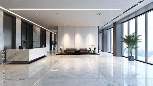 modern corporate office lobby with marble floors, designer sofas, stylish reception desk, large windows, clean architectural lines, cinematic 16:9