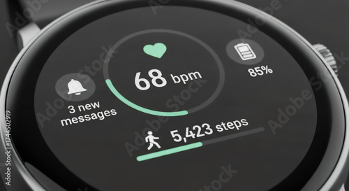 Smartwatch screen displaying health metrics and notifications. Digital data visualization for fitness tracking and personal device communication.