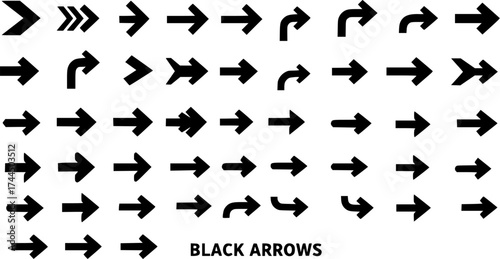 Set of Black Arrows Vector Icons: Collection of Diverse Right-Pointing and Curved Arrow Symbols for Navigation, UI, UX, Web Design, and Directional Graphics