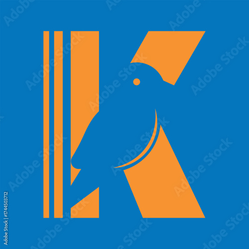 Blue bird shape on orange letter K graphic