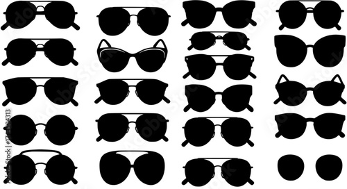 Diverse Black Silhouette Sunglasses Collection: Vector Illustration Set of Modern, Classic  Trendy Eyewear Styles, Including Aviator, Cat-Eye, and Round Shades