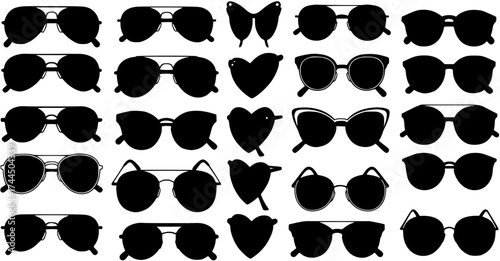 Diverse Sunglasses Silhouettes Collection: Black Vector Icons of Various Fashion Eyewear Styles and Shapes, Isolated on White Background