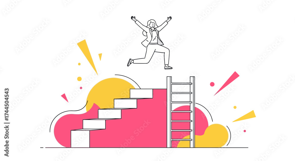 Fototapeta premium Businesswoman Celebrating Success Achieving Dreams Above Staircase And Ladder, Concepts