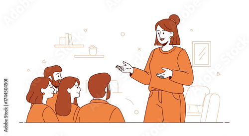Businesswoman Giving a Presentation and The Audience Listens in Illustrated Flat Design