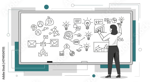 Businesswoman Presenting Business Plan on a Whiteboard with Innovative Ideas and Concepts