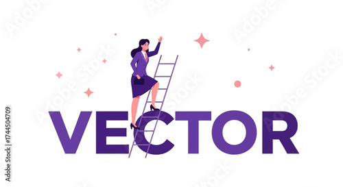 Businesswoman Climbing Ladder Above Vector Word Reaching For Success And Achievement Goals