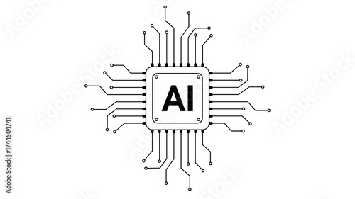 Black AI processor chip outline icon animation with smooth circuit lines motion on white background and green screen background. 4K animated chip icon for technology, overlays, and motion graphics.