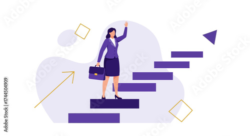 Businesswoman climbing stairs, career growth and success vector illustration design