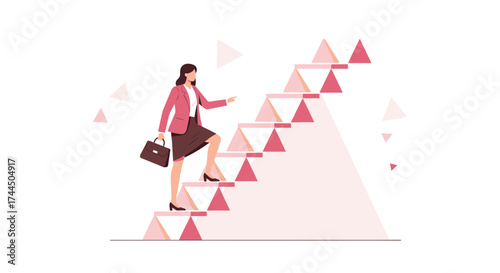 Businesswoman Climbing Stairway of Success to Achieve Career Goals and Financial Freedom