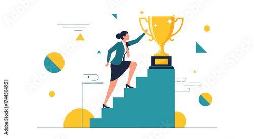 Businesswoman Climbing Steps Toward Success Winning The Golden Trophy Illustration