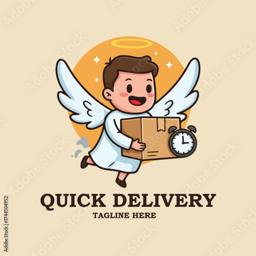 Adorable winged angel mascot holding a package, symbolizing quick and reliable delivery, courier services, and efficient logistics, ideal for express shipping or e-commerce brands.
