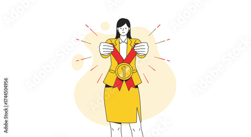 Businesswoman Holding Gold Medal Celebrating Triumph and Achieving Number One Spot