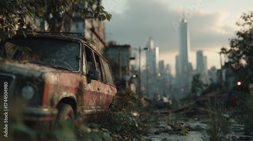 Post-apocalyptic scene depicting a ruined city with an abandoned car, dystopian concept