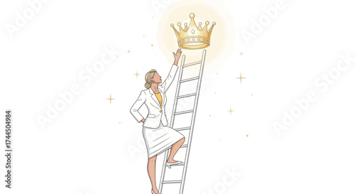 Businesswoman climbing the ladder to success reaching for a golden crown illustration