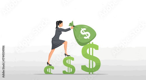 Businesswoman Climbing the Dollar Sign, Representing Financial Growth and Success No Comma.