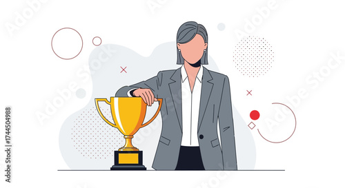 Businesswoman Holding Trophy Vector Illustration Depicting Success and Achievement