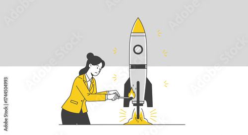 Businesswoman Igniting the Rocket: Idea Launch Representing Startup Concept and Innovation