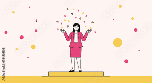 Businesswoman Joyfully Celebrating Achievement on a Pedestal with Confetti Shower
