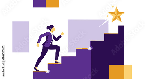 Businesswoman climbs stairs to success and achieving a goal, office concept, vector illustration