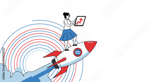 Businesswoman Launches Startup, Displaying Growth Trends While Riding Space Rocket Towards Goals