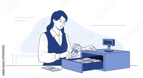 Businesswoman Counting Cash in a Drawer Preparing for Financial Transactions at the Counter