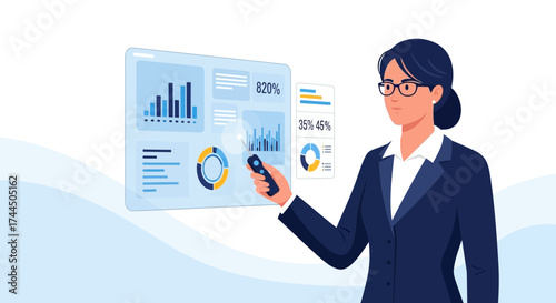 Businesswoman Presenting Data Analysis on Futuristic Touchscreen Interface for Presentation