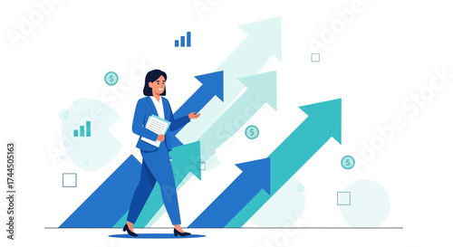 Businesswoman Leading Financial Growth With Upward Arrows And Positive Charts Representation