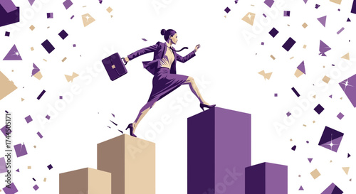 Businesswoman leaps success and accomplishment on a colorful background, overcoming goals